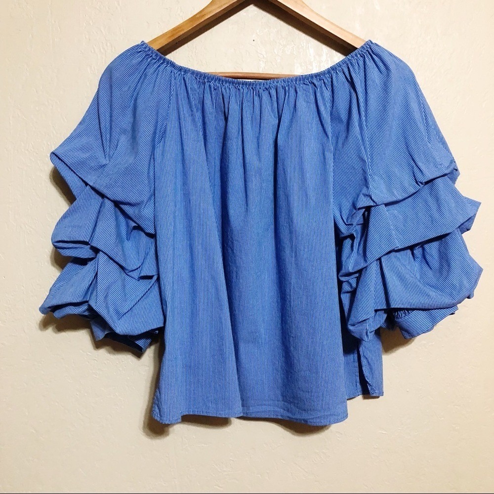 Zara Off The Shoulder Ruffle Sleeve Strip Cropped Blouse